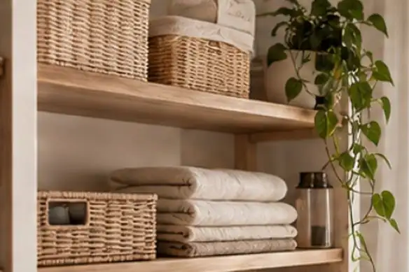 Houten schappen met rieten manden en opgevouwen handdoeken